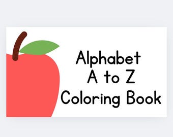 May include: A white rectangular sign with a red apple graphic and the text "Alphabet A to Z Coloring Book" in black. The apple has a brown stem and a green leaf.