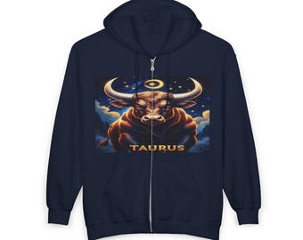 Taurus Zodiac Hoodie, Astrology Sweatshirt, Full Zip Hooded Jacket, Birthday Gift, Horoscope Clothing