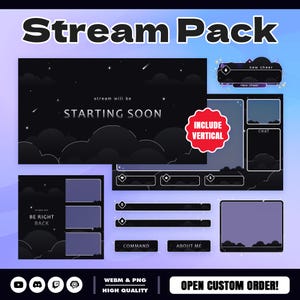 May include: A digital stream pack featuring a dark theme with black clouds, stars, and shooting stars. Includes overlays for starting soon, be right back, chat, and various information bars with white text and icons on a light blue gradient background.