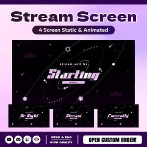 Puede incluir: Gráfico digital para una pantalla de transmisión, con un fondo negro y un diseño de noche estrellada. El texto "Stream Screen" y "4 Screen Static & Animated" están en la parte superior. La pantalla principal dice "Stream will be Starting -soon-".