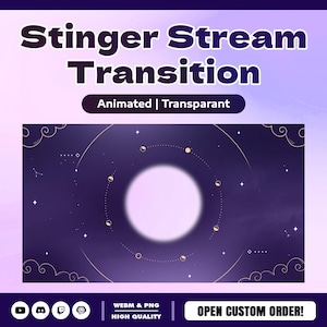 Puede incluir: Un gráfico digital para una transición de transmisión Stinger con una luna blanca central rodeada de fases celestiales en órbita sobre un cielo púrpura oscuro con nubes y estrellas. El texto incluye Stinger Stream Transition, Animated, Transparant, WEBM & PNG, HIGH QUALITY y OPEN CUSTOM ORDER.