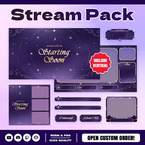 Op de afbeelding: Een digitaal stroompakket met een donkerpaars en goudkleurig hemels thema. Het pakket bevat verschillende overlay-elementen zoals een startscherm, chatboxen en commando secties. De tekst "Stream Pack" en "Starting Soon" zijn zichtbaar.