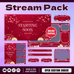 May include: A digital stream pack featuring a deep red theme with cherry blossom accents. Includes a starting soon screen, chat box, webcam overlay, and various information bars. Text includes "STREAM PACK", "STARTING SOON", "INCLUDE VERTICAL", and "CHAT".