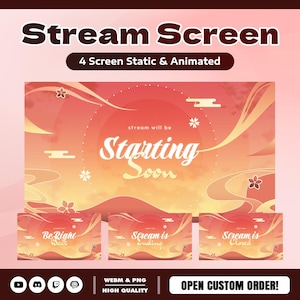 Op de afbeelding: Een digitaal grafisch ontwerp voor een stream scherm, met een warm kleurenpalet van oranje en perzik. Het hoofdscherm toont "Starting Soon", met extra schermen voor "Be Right Back", "Stream is Ending" en "Stream is Closed".