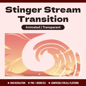 May include: A digital graphic with the text "Stinger Stream Transition" in bold, dark brown letters. Below, it says "Animated | Transparent." The image features a swirling, abstract design in shades of orange and yellow. The bottom banner says "High Resolution, PNG | WEBM File, Compatible for All Platform."