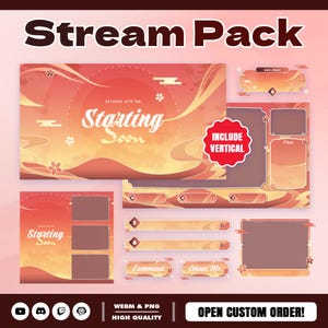 May include: A digital stream pack with a warm colour palette, featuring overlays and panels. The design includes the text "Stream Pack", "Starting Soon", and various chat and command sections. The pack is available in WEBM & PNG formats.