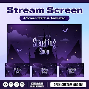 May include: A purple and black stream screen design with the text "Stream Screen" and "4 Screen Static & Animated". The main screen says "Starting Soon" with a castle and bats. Additional screens say "Be Right Back", "Stream Ending", and "Currently Offline".