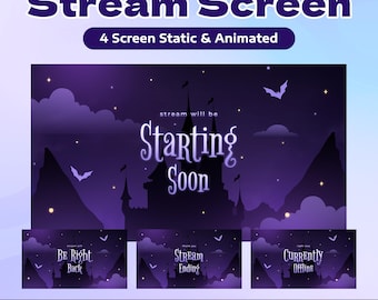 Night Castle Stream Screens – Starting Soon BRB Offline/Dark Fantasy Castle Background/Purple Night Sky Theme/Animated Stream Scenes Set