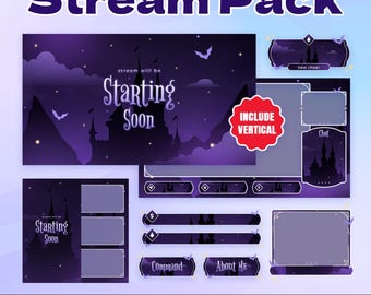 Night Castle Stream Package – Dark Fantasy Gothic Bundle Overlay/Haunted Castle Night Sky/Bat Silhouette Purple Theme/Spooky Elegant UI