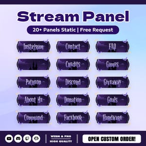Peut inclure: Graphique numérique pour un panneau de flux, avec des boutons violets foncés avec du texte blanc et une silhouette de château. Les boutons incluent des options pour Instagram, Contact, FAQ, etc. Le texte "Stream Panel" est en haut.