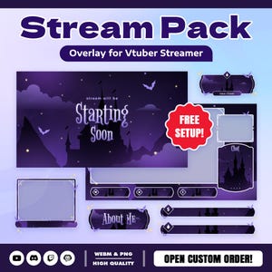 Gothic Castle Animated Stream Overlay Pack for Twitch, YouTube, Kick – Purple Night Sky, Bat Silhouettes, Mystic Clouds, Cozy Dark Aesthetic