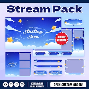 Stjärnklara molnströmningspaket – Söt natthimmelöverlägg/Blå stjärnestetik/Mjukt drömskt tema/Animerat Twitch-överläggspaket/Mysigt kawaii-gränssnitt