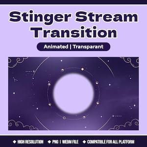 May include: A digital graphic with the text "Stinger Stream Transition" in white and purple. The background is a gradient of purple and blue with a circular design and stars. The text "Animated | Transparant" is also included.