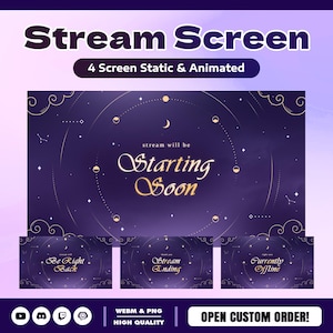 May include: A set of four digital stream screens in a deep purple celestial theme featuring gold text that reads Starting Soon, Be Right Back, Stream Ending, and Currently Offline, decorated with thin gold lines, stars, and moon phases.