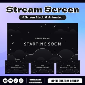 Könnte beinhalten: Ein Set von Streaming-Bildschirmen mit vier statischen und animierten Designs, die einen dunklen Nachthimmel, weiße Wolken und Sterne zeigen. Der Text umfasst STARTING SOON, BE RIGHT BACK, STREAM ENDING und CURRENTLY OFFLINE, in WEBM- und PNG-Dateiformaten.