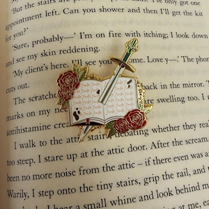 Könnte beinhalten: Eine goldfarbene Emaille-Anstecknadel mit einem Schwert, das ein Buch durchbohrt, mit roten Rosen und grünen Blättern. Das Buch hat den Text "Jude" auf seinen Seiten wiederholt. Die Anstecknadel befindet sich vor einem Hintergrund aus gedrucktem Text.