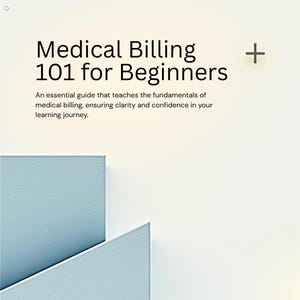 Puede incluir: Portada del libro "Medical Billing 101 for Beginners" de Nicholetta Victory. El diseño utiliza formas geométricas azules y grises y texto sobre un fondo blanco. El texto describe el libro como una guía esencial.