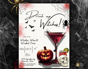 Può includere: Invito a tema Halloween con il testo "Drink up Witches!". Presenta un cocktail rosso, una zucca intagliata, un teschio e un design a ragnatela. Dettagli dell'evento: Witches, Wine & Wicked Time, 31 ottobre, 18:00.