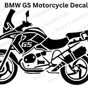 May include: Black and white BMW GS motorcycle decal. The decal features a detailed side view of the motorcycle, including the wheels, engine, and handlebars. The text "BMW GS Motorcycle Decal" is at the top.