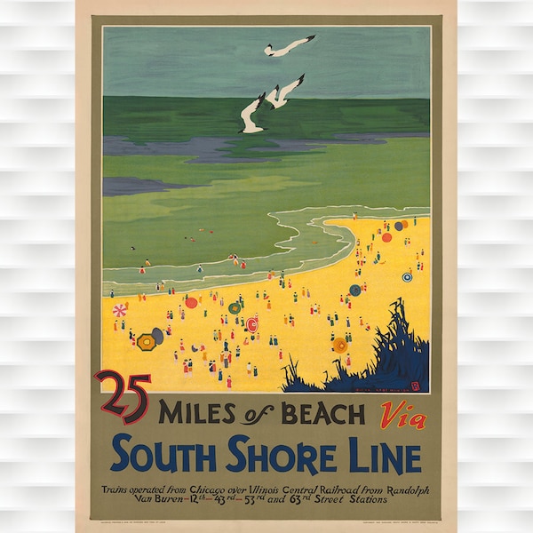 25 Miles of Beaches Travel Poster - South Shore Line - Illinois Central - Duinenposter