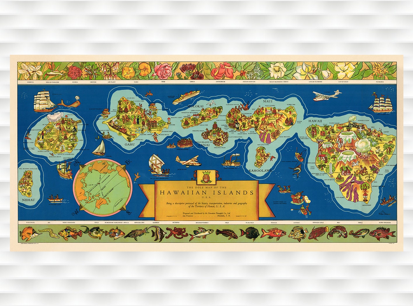ハワイ 1937年 ドール地図 ヴィンテージプリント - Etsy 日本