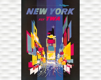 New York at Night Vintage TWA Travel Poster