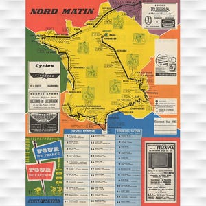 Impressions vintage d'affiches de bicyclette de carte du Tour de France du Tour de France de 1965