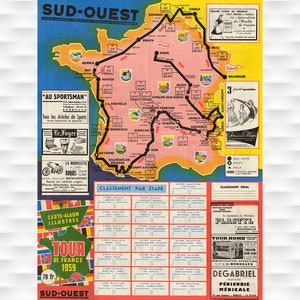 Affiche vintage de carte du Tour de France 1959