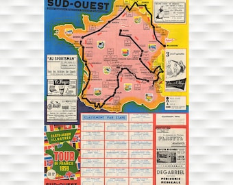 1959 Tour de France Map Poster - Vintage Bicycle Poster Cycling Poster  Race Birthday Gift Christmas gift Bike race poster