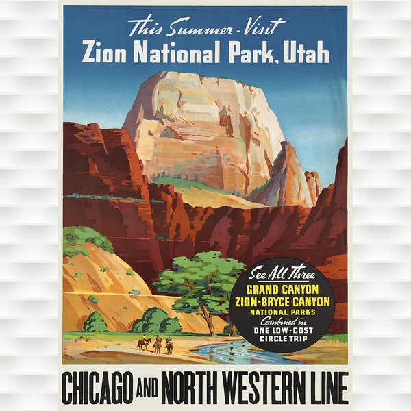Zion National Park Poster, Travel Poster, Chicago and North Western, Outdoor travel,Hiking Poster, Travel Art