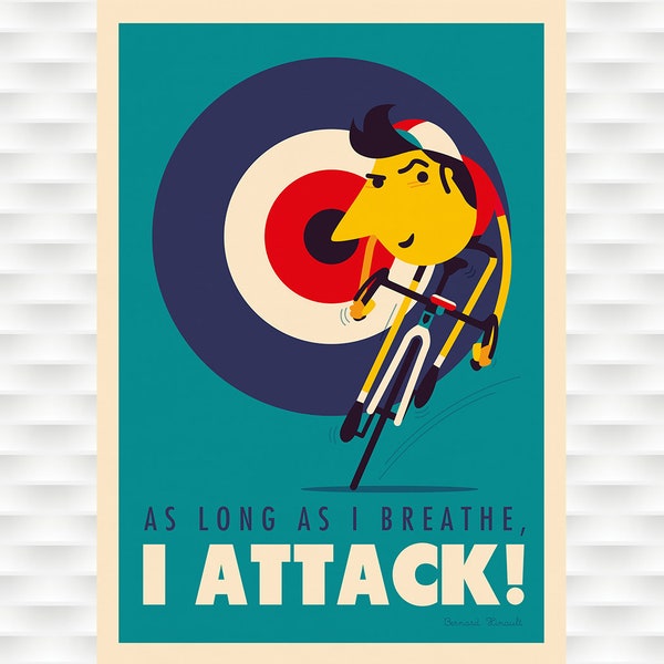 J'attaque Bernard Hinault Cycling Poster Prints - Spencer Wilson Cycling Poster - Bicycle Art Cycling Art Tour De France Cycling Art