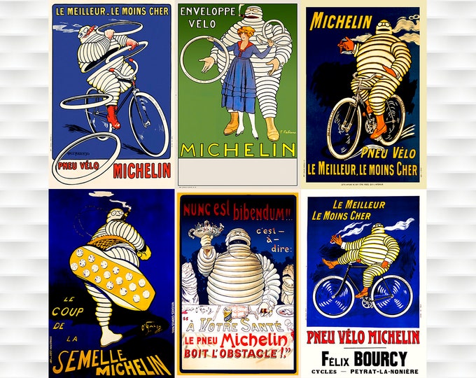 Michelin Man - Bibendum - Set van zes individuele prints - Fietsposter Fietskunst Vintage wielerkunst Tour De France Fietskunst