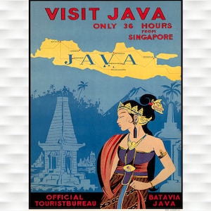Op de afbeelding: Een vintage reisposter die reclame maakt voor een bezoek aan Java, Indonesië. De poster toont een kaart van het eiland met een vrouw in traditionele kleding en een tempel op de achtergrond. De tekst luidt "Bezoek Java, slechts 36 uur van Singapore, Officieel Toeristenbureau, Batavia Java".