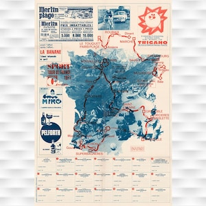 Impressions vintage d'affiches de bicyclettes de carte du Tour de France du Tour de France 1971