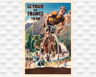 May include: A vintage poster for the 1948 Tour de France, featuring a cyclist in a yellow jersey riding uphill. The poster has a blue sky, green trees, and brown mountains in the background. The text "LE TOUR DE FRANCE 1948" is printed in brown at the top of the poster.