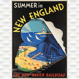 Póster de viaje vintage de Nueva Inglaterra: viajes de verano
