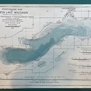 May include: A vintage hydrographic map of Green Lake, Wisconsin, showing depth contours in blue and green hues. The map includes a scale, contour interval, and a longitudinal section along the axis of the lake. The text "HYDROGRAPHIC MAP OF GREEN LAKE WISCONSIN" is at the top of the map.