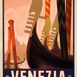 May include: A vintage travel poster advertising Venice, Italy. The poster features a colorful illustration of gondolas in a canal with the text "VENEZIA" in large white letters against a blue background.
