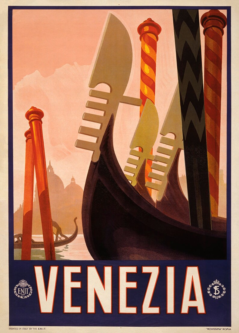May include: A vintage travel poster advertising Venice, Italy. The poster features a colorful illustration of gondolas in a canal with the text "VENEZIA" in large white letters against a blue background.