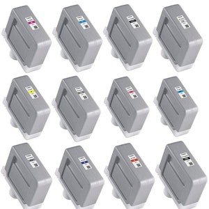 May include: Twelve ink cartridges for a printer, arranged in three rows of four. The cartridges are gray with black labels and color-coded caps. The colors are black, photo black, gray, photo gray, cyan, photo cyan, magenta, photo magenta, yellow, red, blue, and light cyan.