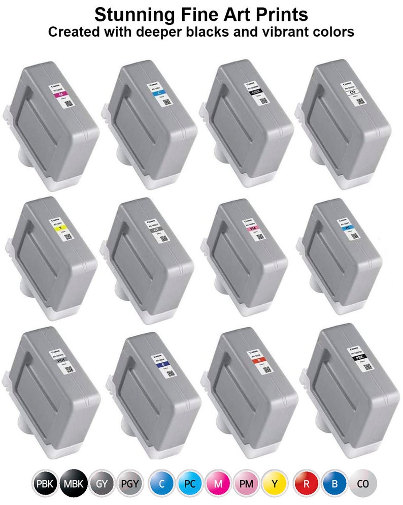 May include: Twelve ink cartridges for a printer, arranged in three rows of four. The cartridges are gray with black labels and color-coded caps. The colors are black, photo black, gray, photo gray, cyan, photo cyan, magenta, photo magenta, yellow, red, blue, and light cyan.