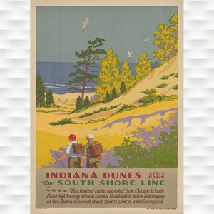 Playas del Parque Estatal Indiana Dunes - Póster de viaje vintage - Centro de Illinois