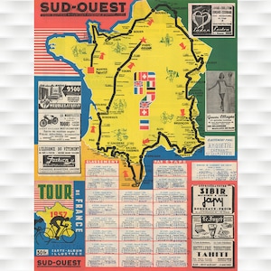 Affiche vintage de carte du Tour de France 1957