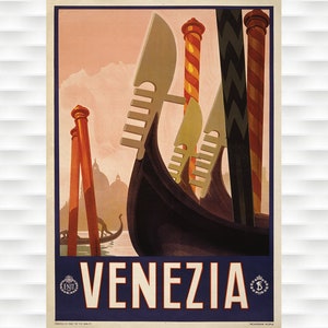 May include: A vintage travel poster advertising Venice, Italy. The poster features a colorful illustration of gondolas in a canal with the text "VENEZIA" in blue letters.