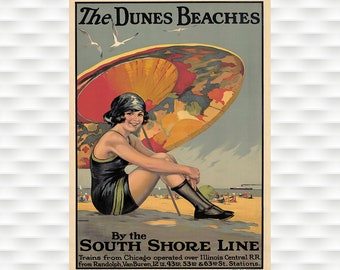 Dunes Beaches Travel Poster - South Shore Line - Illinois Central - Vintage Poster