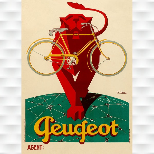 Peugeot Art Deco Poster - Cycling Poster Bicycle Art Vintage Bicycle Poster Cycling Art Tour De France Cycling Art