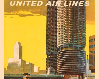 ユナイテッド航空ビンテージ オリジナルポスター United Airlines Chicago - United Air Lines Vintage Travel Poster - Etsy