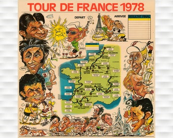 1978 Tour de France Map Poster with Caricatures - Vintage Bicycle Poster Cycling Poster  Race Birthday Gift Christmas gift Bike race poster