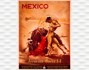 Mexico Travel Poster Bull Fight Travel Poster Travel Art Print Birthday Gift Christmas Present