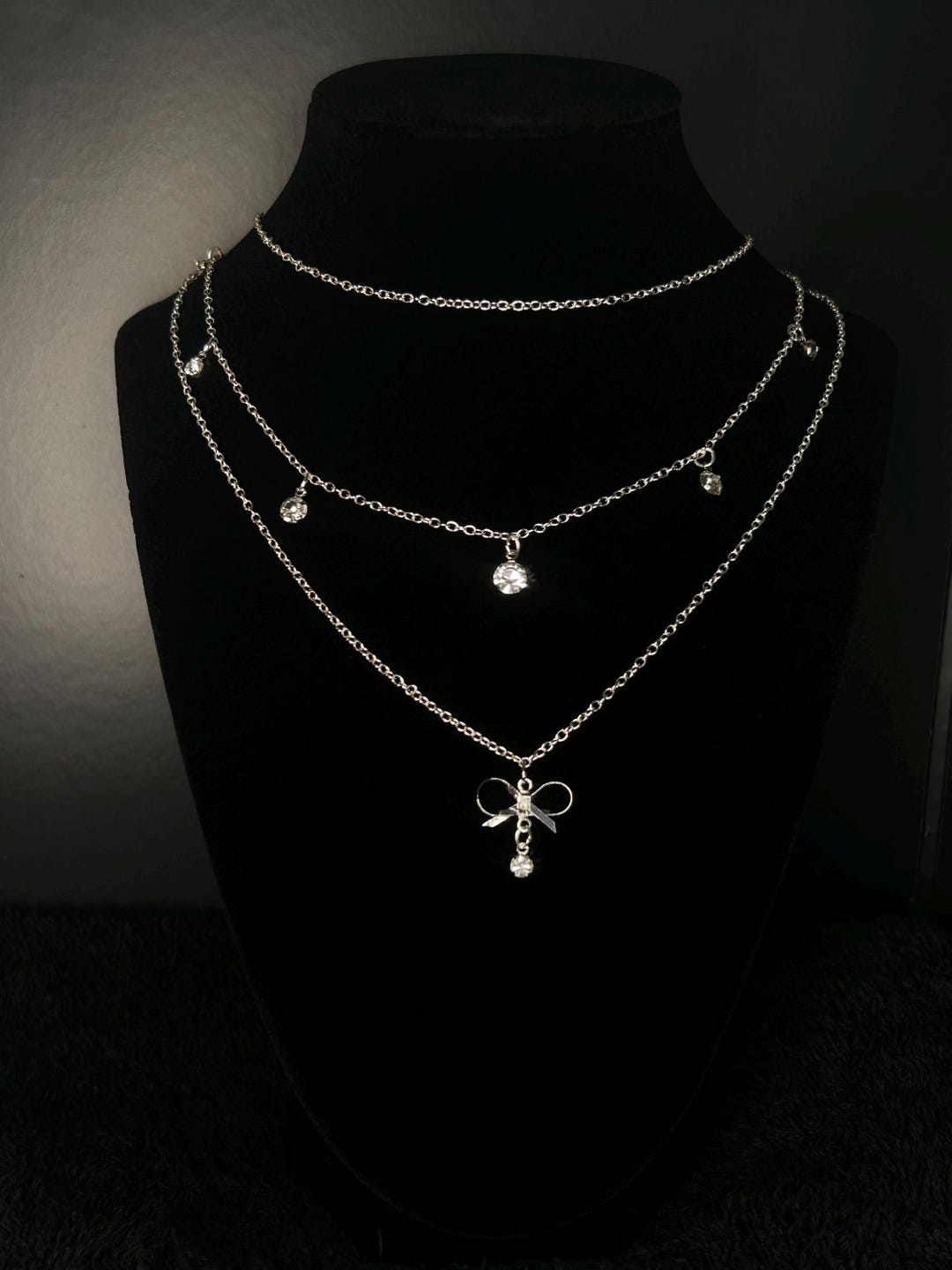 Handmade Layered Three Tier Silver Necklace β Bow Pendant & Dainty Charms - Etsy